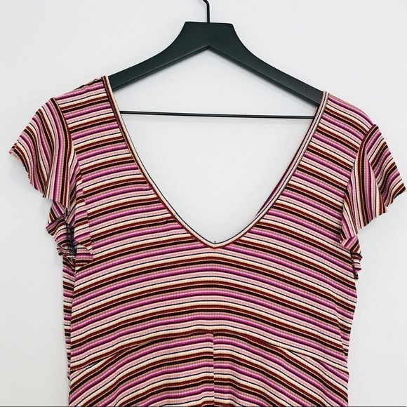 New! Stitch & Pine Ribbed Knit Stripes Fit & Flare Flutter Sleeves Mini Dress - Picture 5 of 9